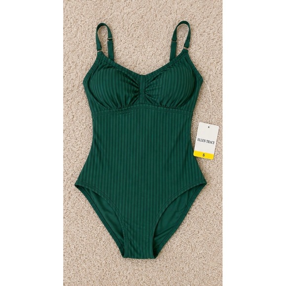 Ellen Tracy Other - Ellen Tracy One Piece Swimsuit Forest Green Ribbed Ruched Bust Small NWT